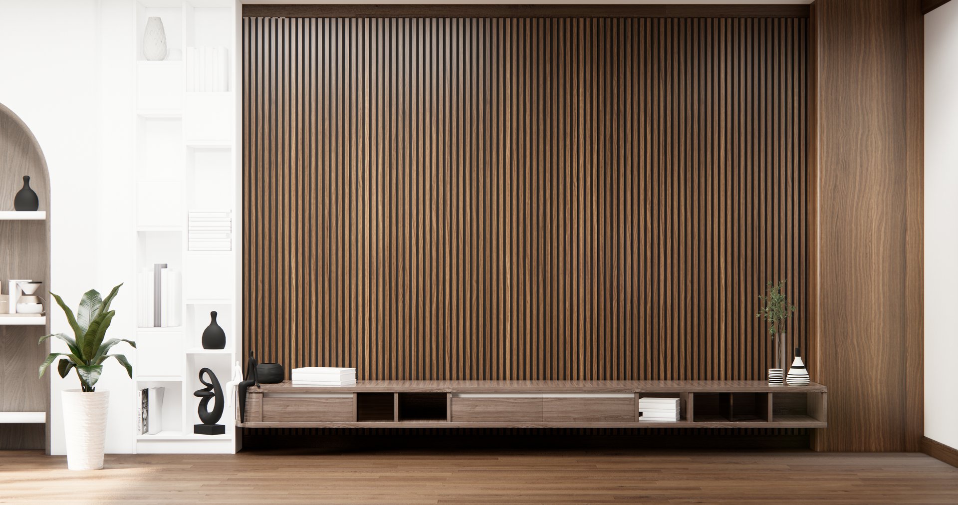 Cabinet wooden design on white room interior modern style.3D rendering