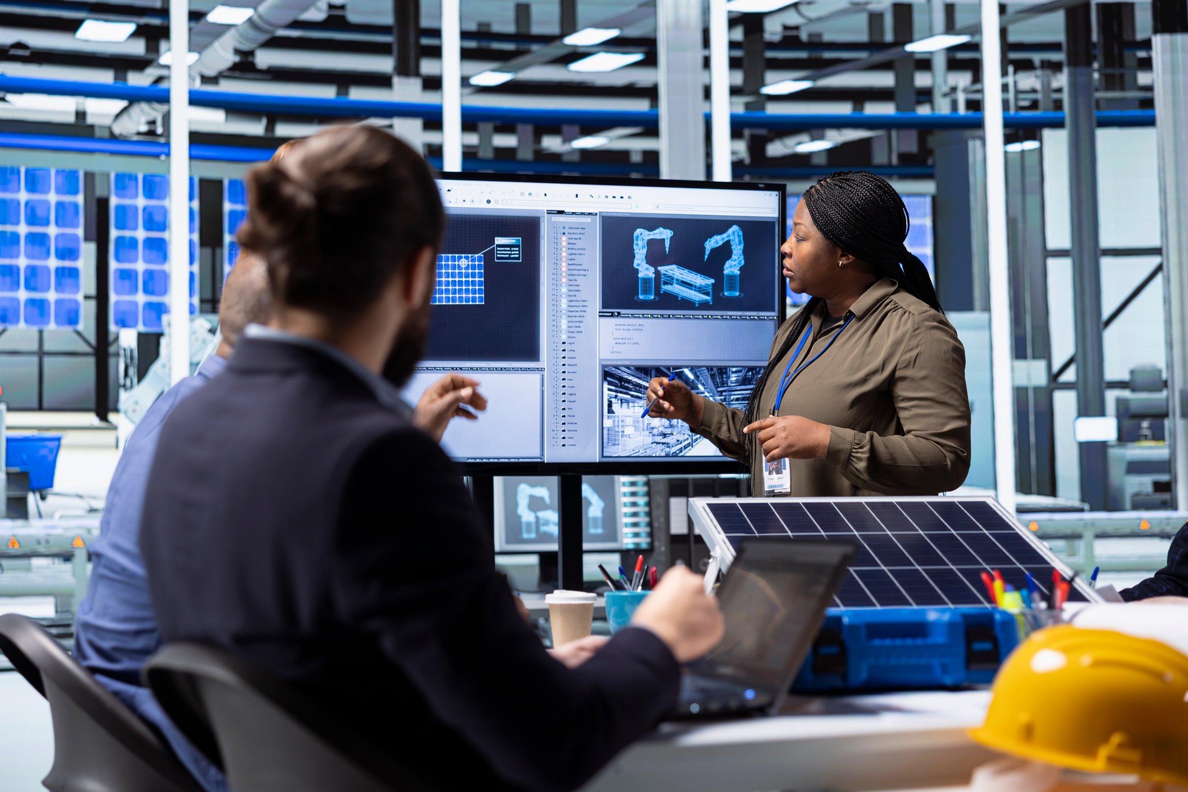 Shareholders collaborate on renewable energy investments, looking at data on display. Photovoltaics facility management team looking at manufacturing equipment specs on monitor, doing brainstorming