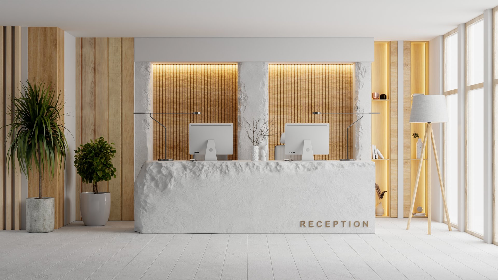 A stylish modern hotel reception interior featuring a white stone counter, wooden wall accents, and minimalist decor- 3D rendering