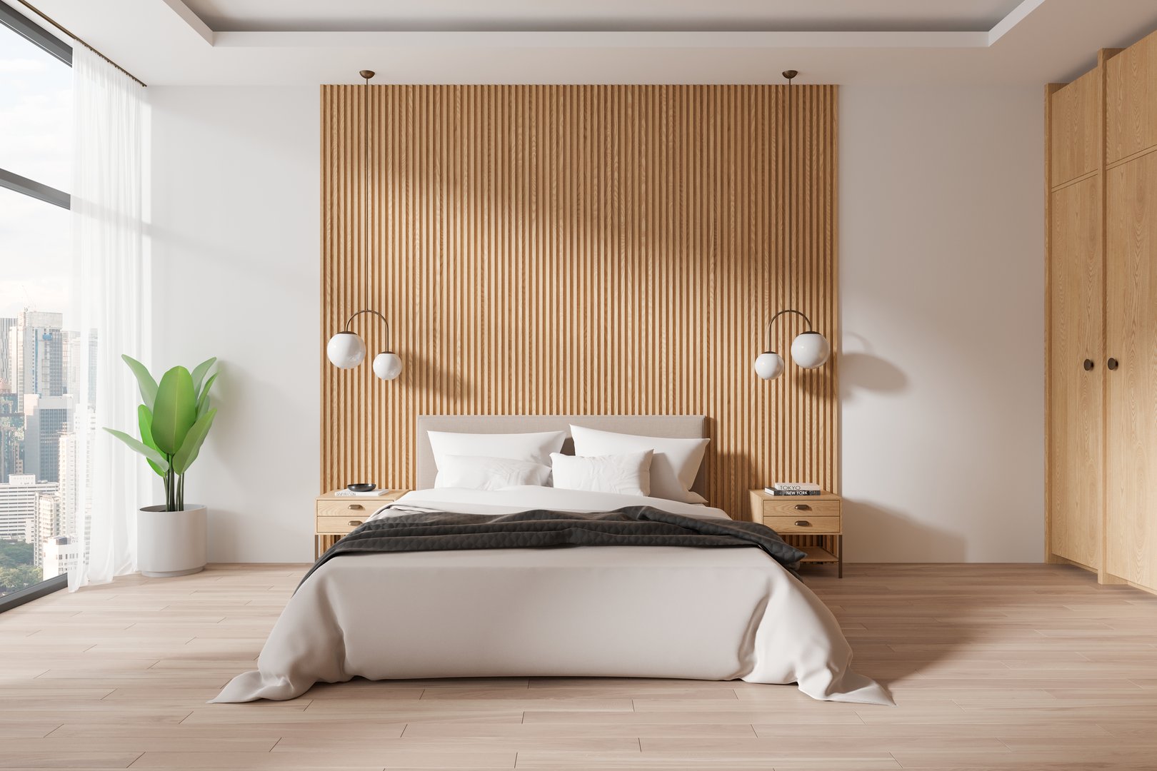 Stylish master bedroom with panoramic window with cityscape