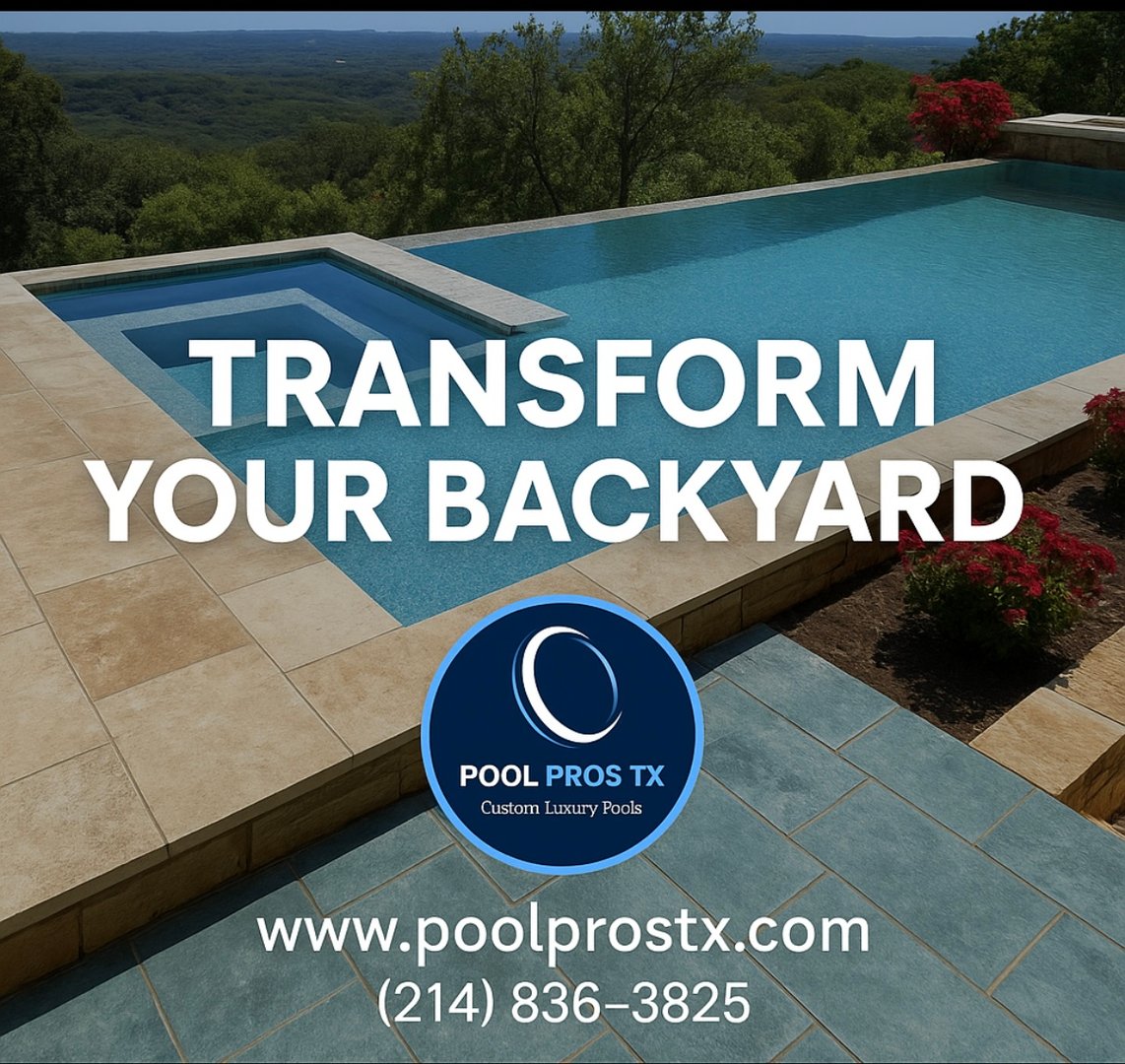 Luxury pool with scenic view, promoting Pool Pros TX services; includes contact info and website for custom pool designs.