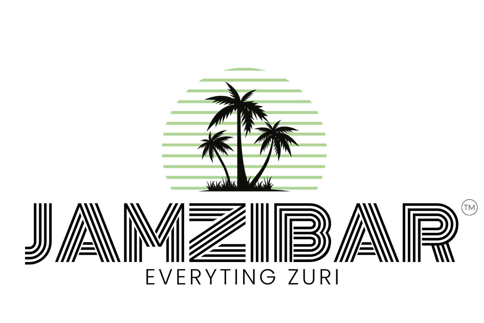 Logo with palm trees and striped sun, text Jamzibar and Everything Zuri below.