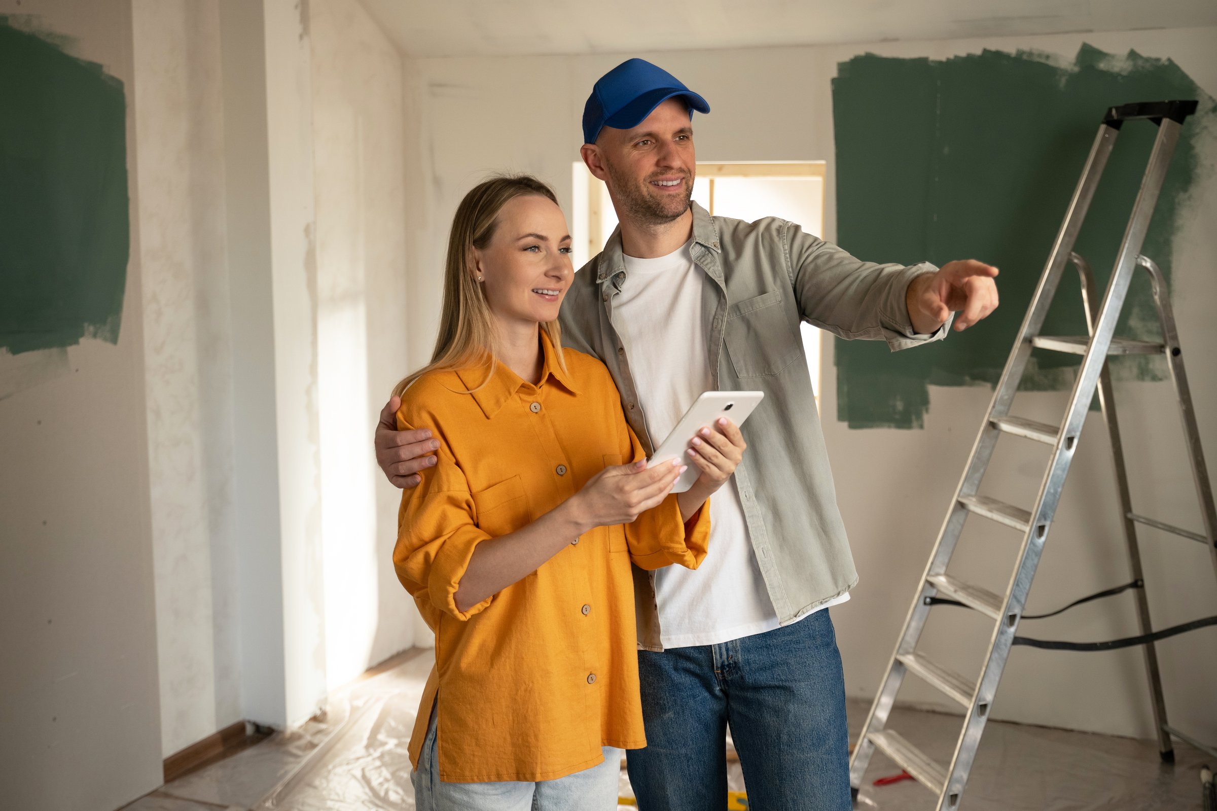 Foreman with baseball cap showing progress to architect holding tablet during apartment renovation, discussing next steps and design choices