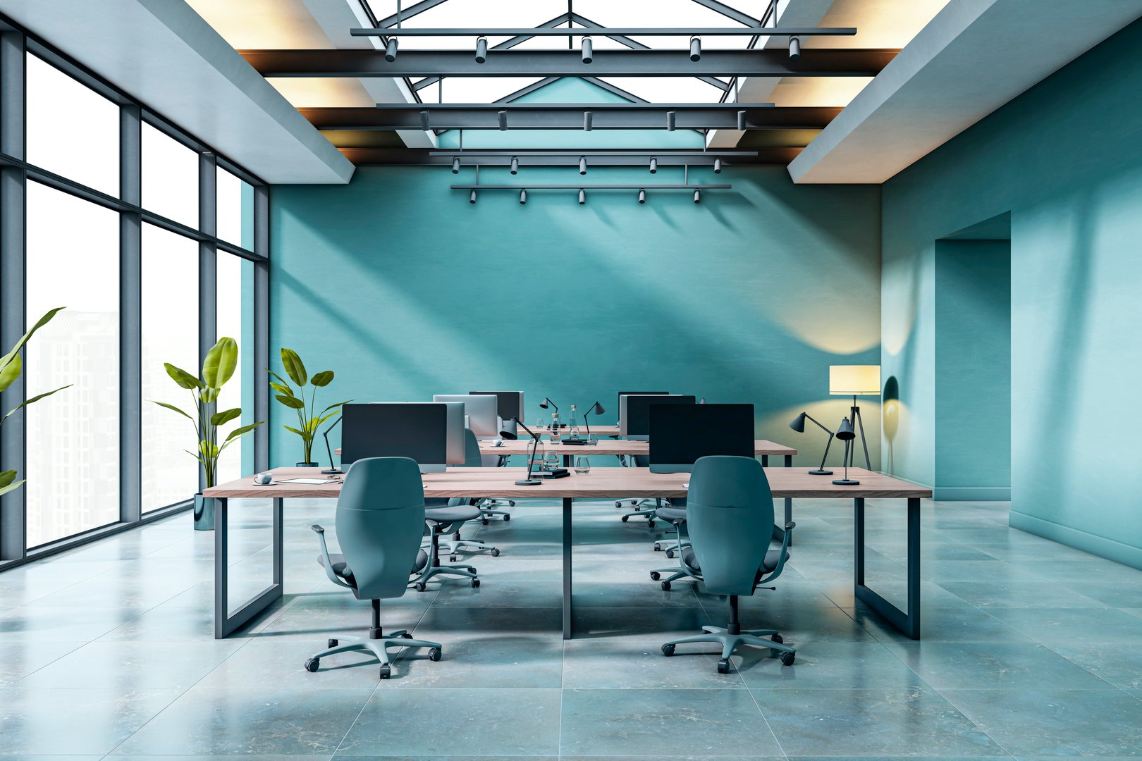 Contemporary office interior with clean design, modern furniture, and natural lighting, blue tone walls and tiled floor, 3D Rendering