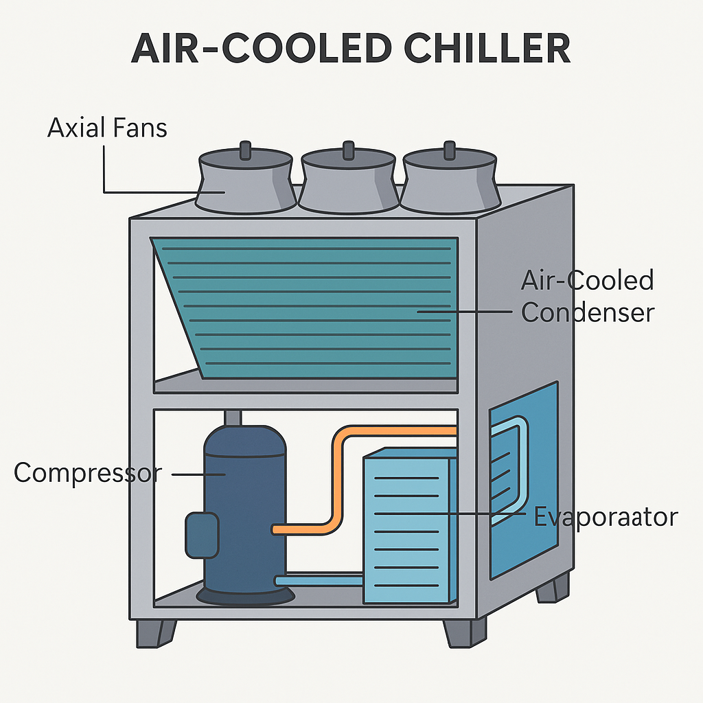 Diagram of an air-cooled chiller showing axial fans, air-cooled condenser, compressor, and evaporator components.