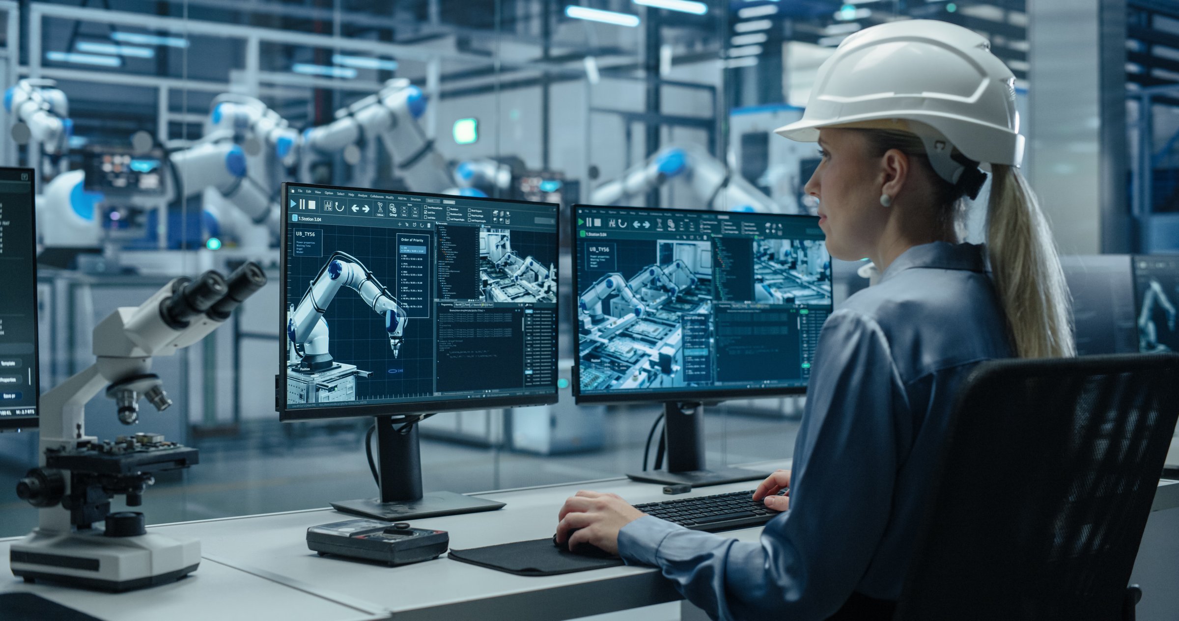 Female Technician Working in a Modern Product Development Factory Using Industrial Computer Software