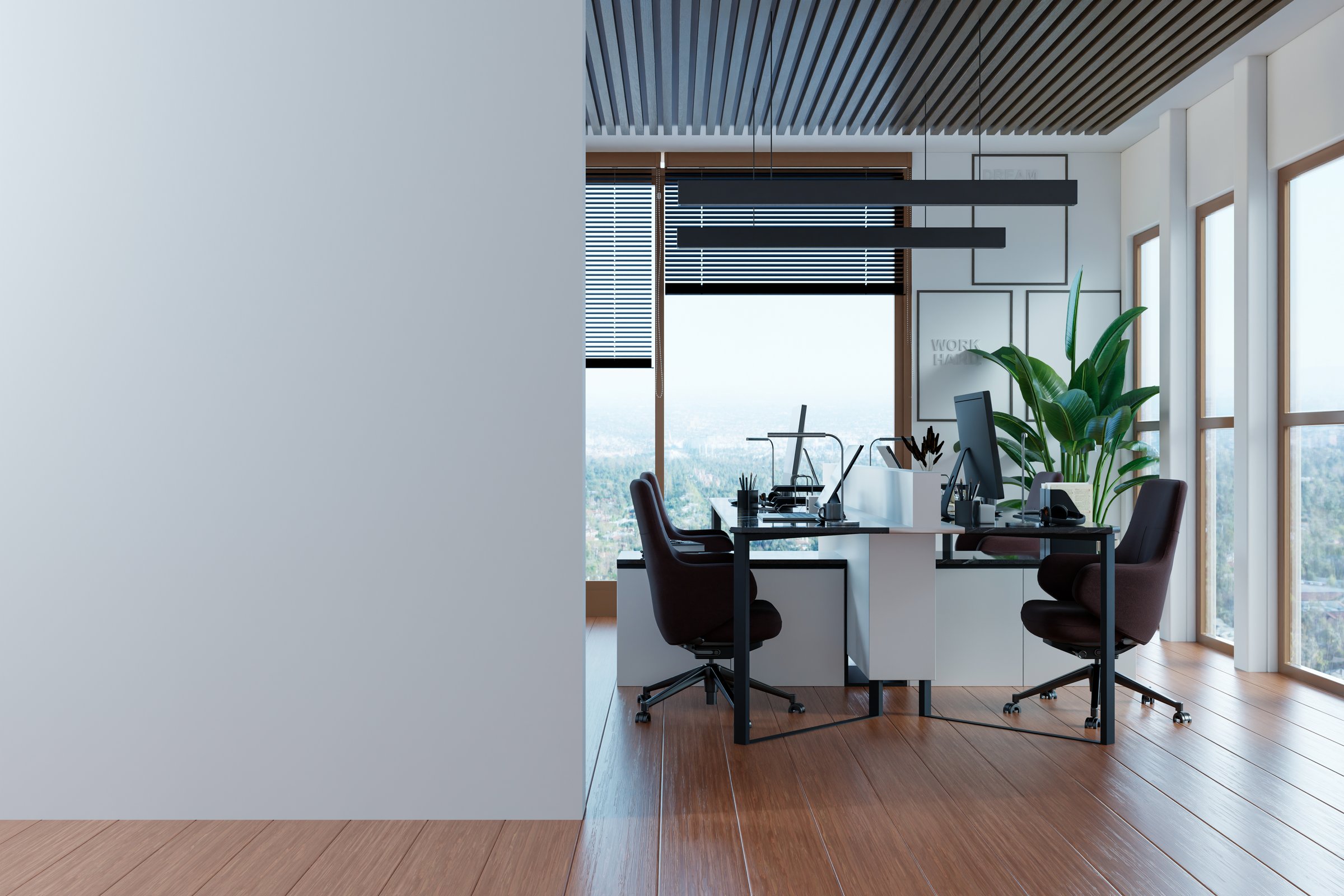 A contemporary workspace setup featuring two desks, ergonomic chairs, computers, and a large window with a scenic view- 3D rendering