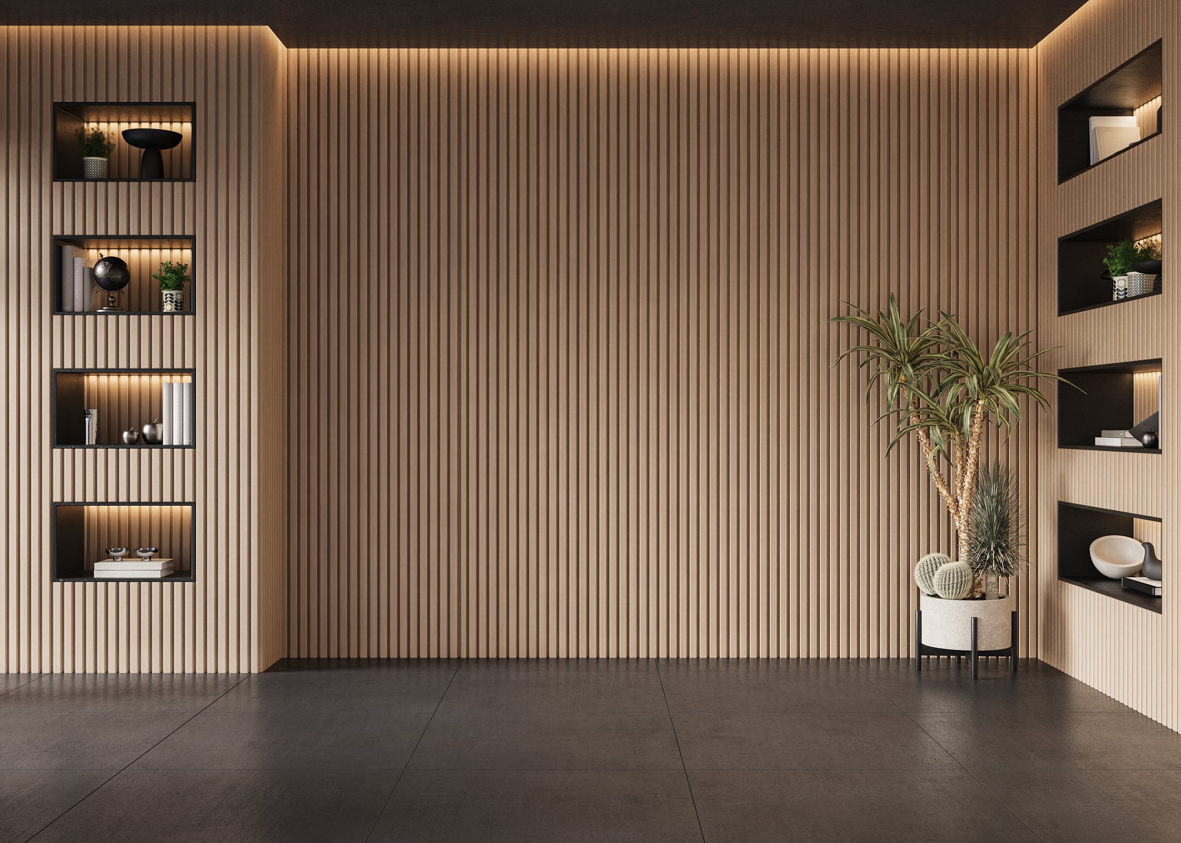 Modern, minimalist living room with vertical wood paneling, sleek furniture, and stylish decor