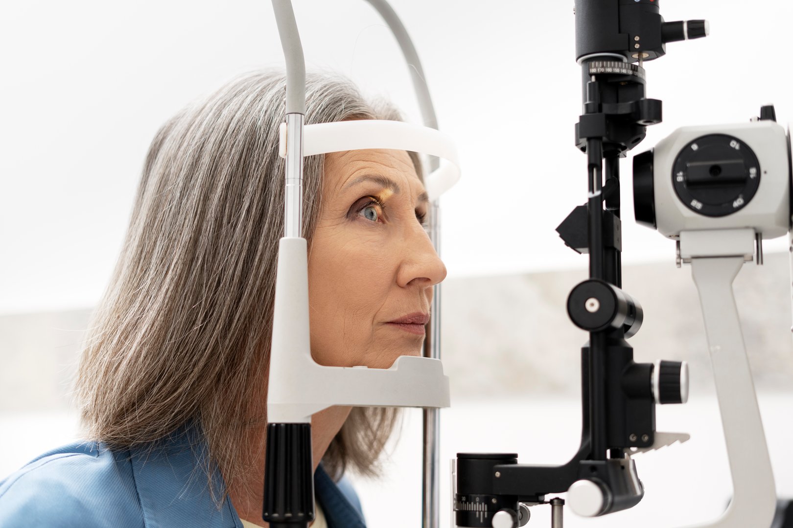 Senior woman undergoing a comprehensive eye examination using a slit lamp biomicroscope, a diagnostic procedure conducted by an ophthalmologist in a modern eye clinic to assess her ocular health