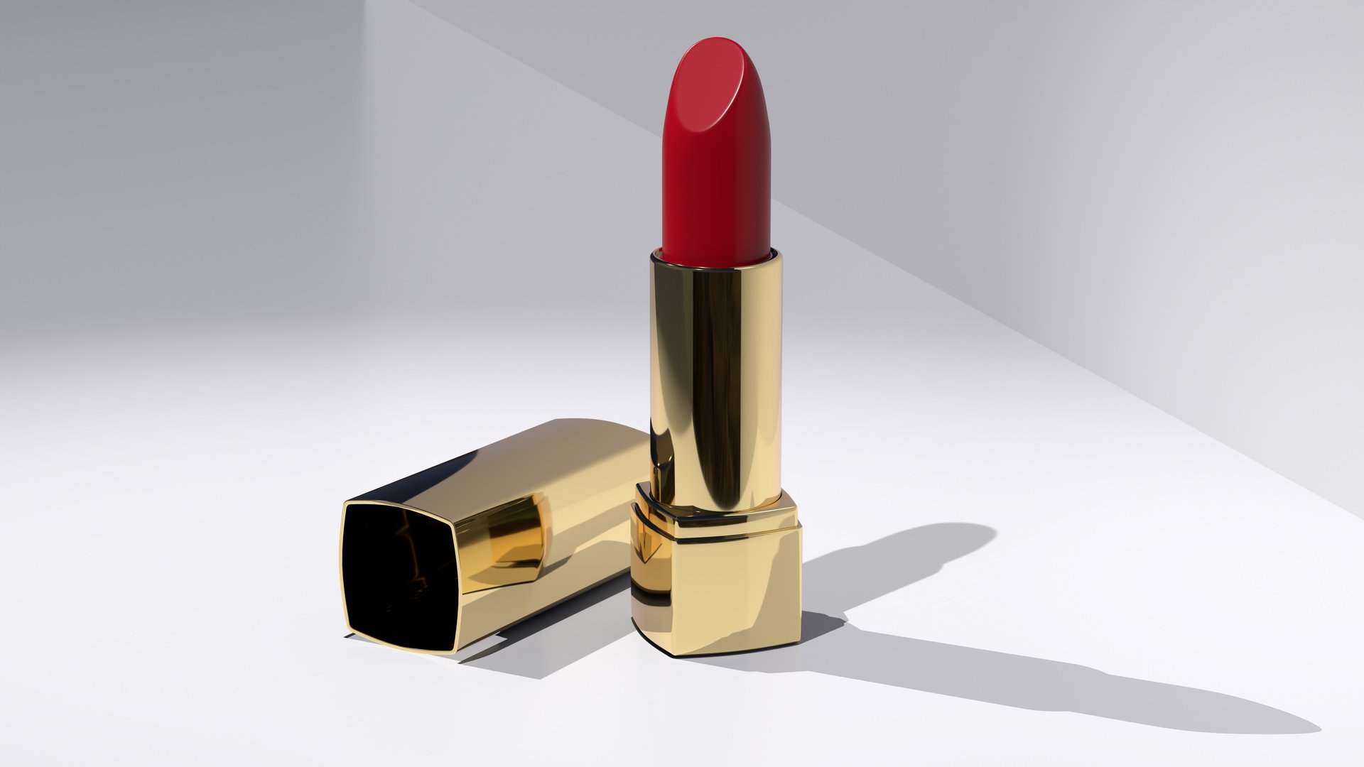 Elegant golden tube lipstick on light surface, representing timeless allure natural beauty products, Perfect for beauty and fashion blogs, makeup product, 3d rendering