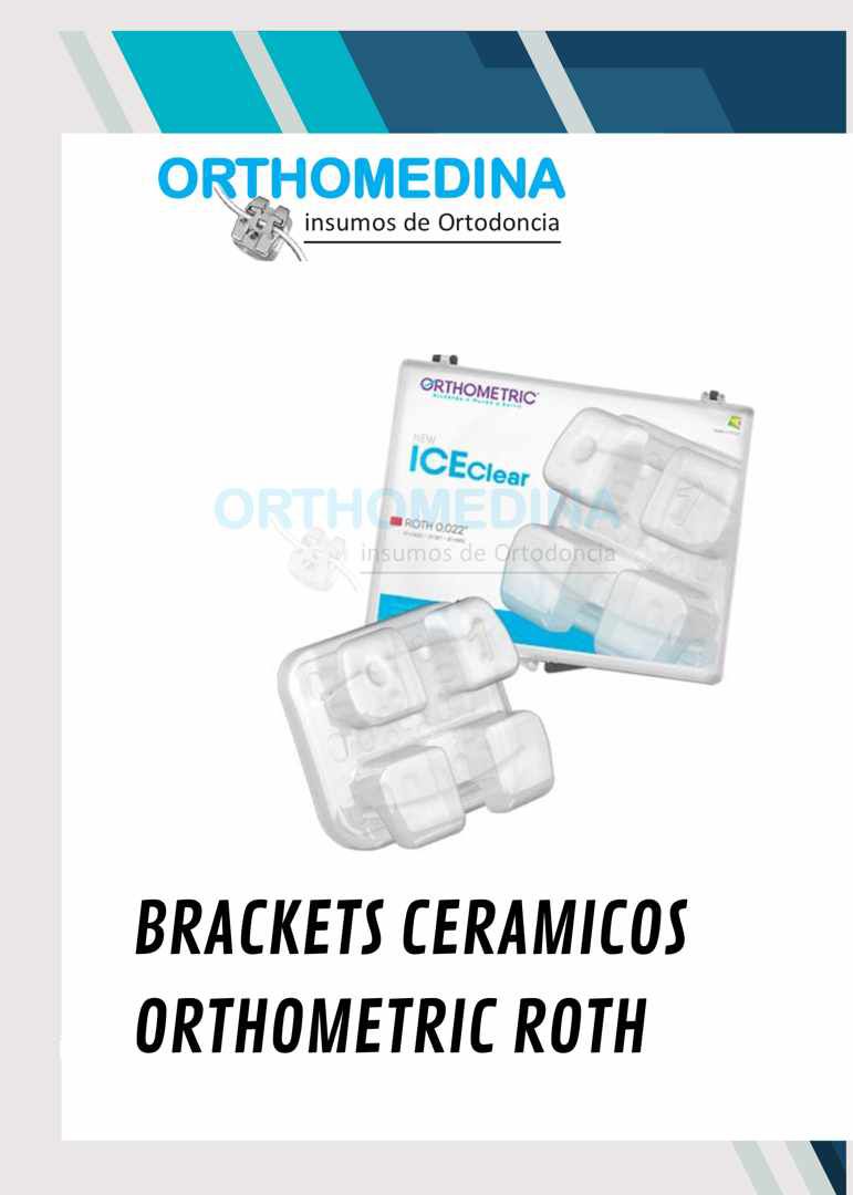 Ceramic orthodontic brackets packaging labeled Orthometric ICE Clear on a promotional flyer from Orthomedina.