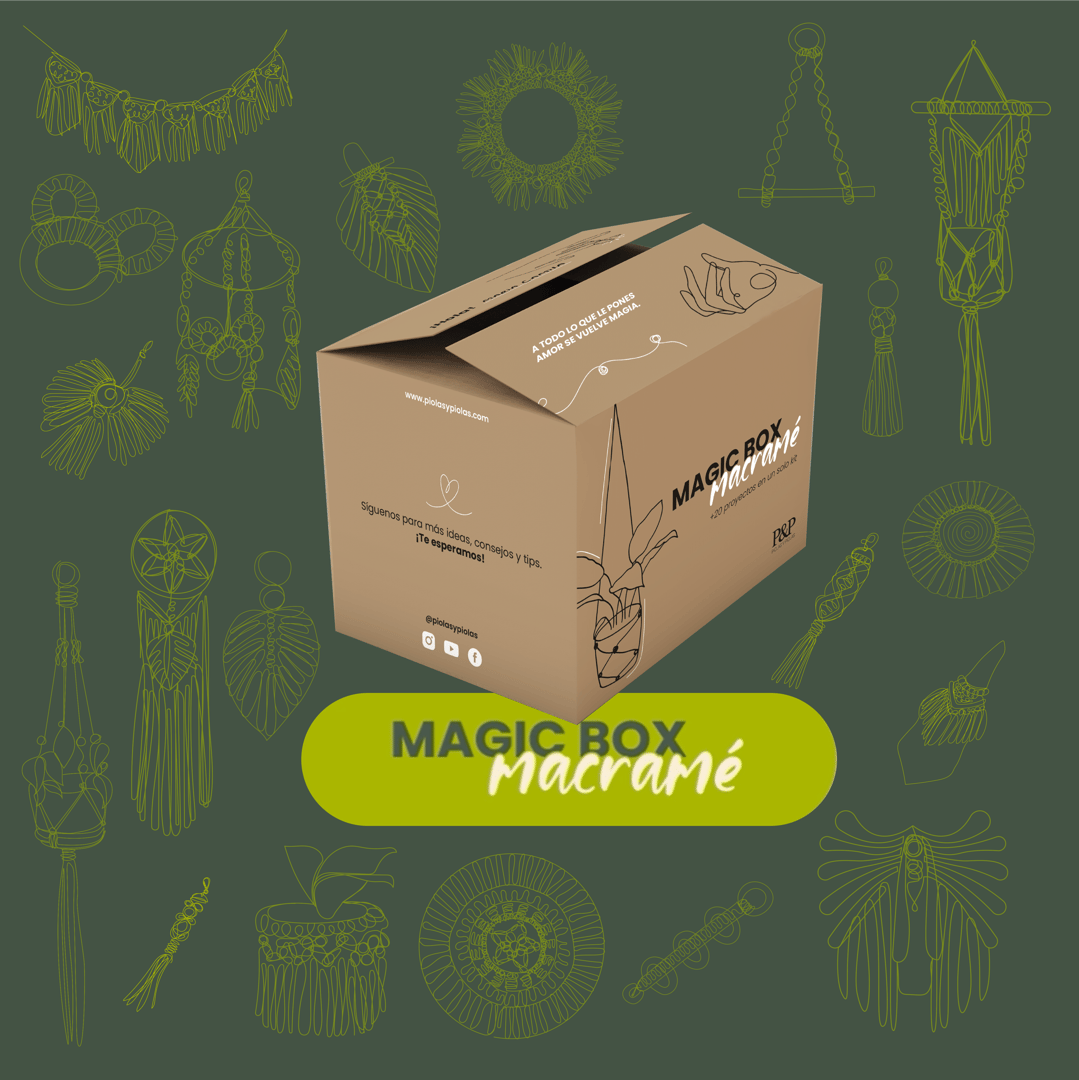 Illustrated macramé-themed box design with various macramé shapes and "Magic Box Macramé" text in green and brown.
