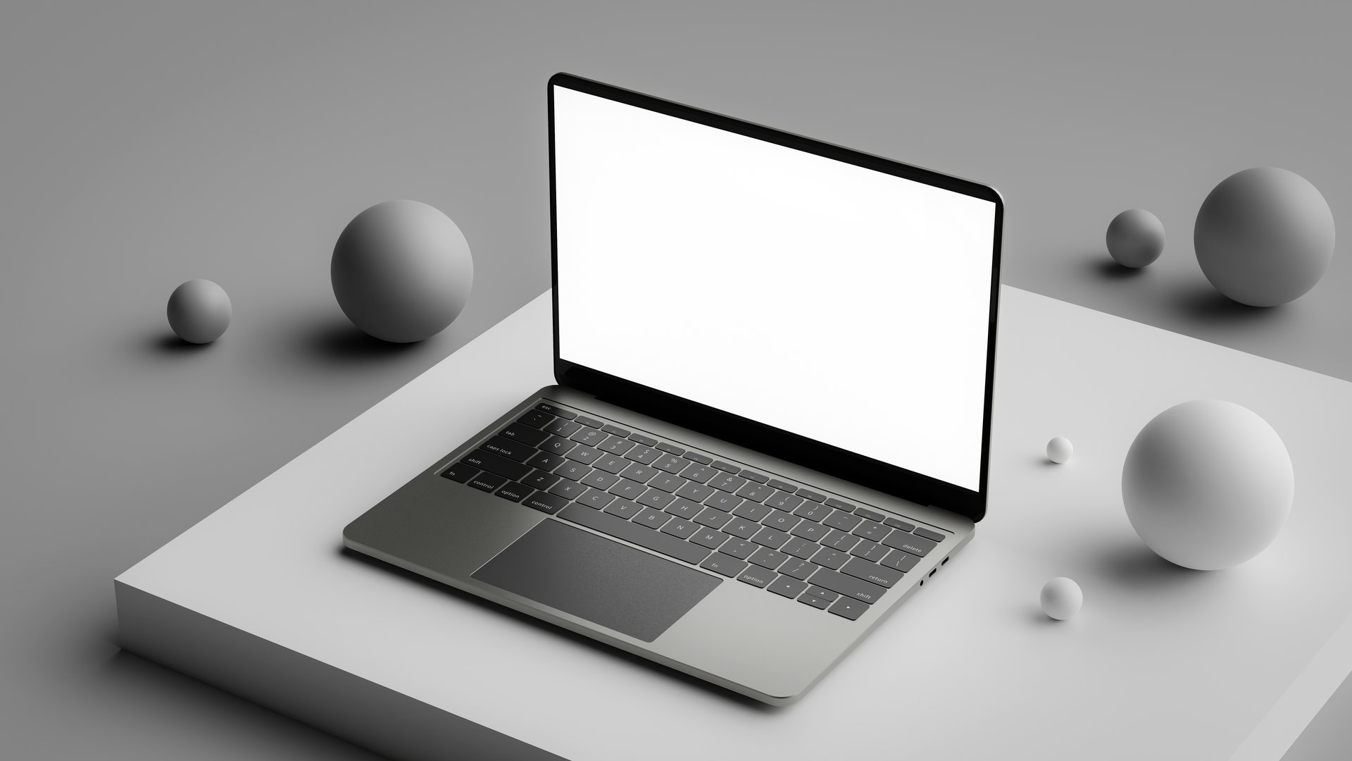 Homepage mockup with laptop on minimalist abstract background. 3d rendering