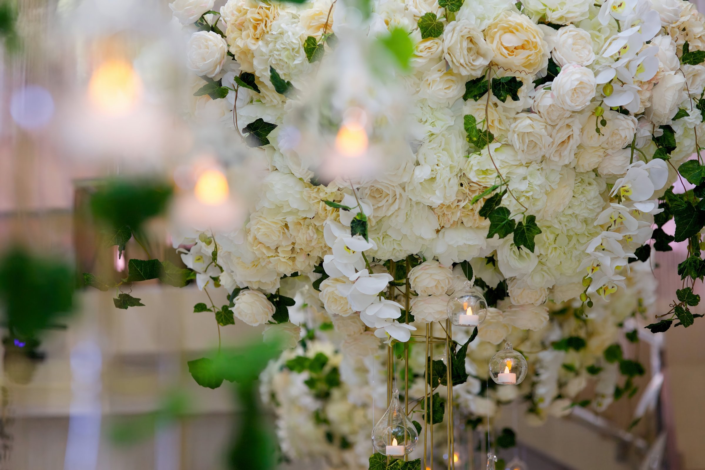 The composition is made by florists from fresh flowers at the party, wedding or celebration.
