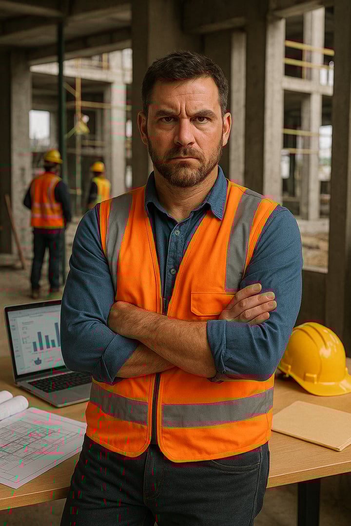 Construction manager in an orange safety vest stands with arms crossed, with a laptop and hard hat on a nearby table.
