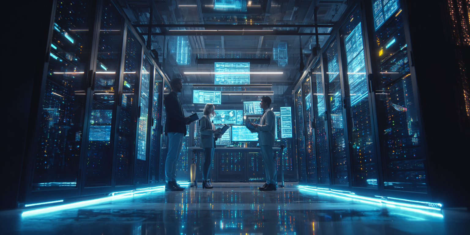 High-tech data center filled with glowing servers