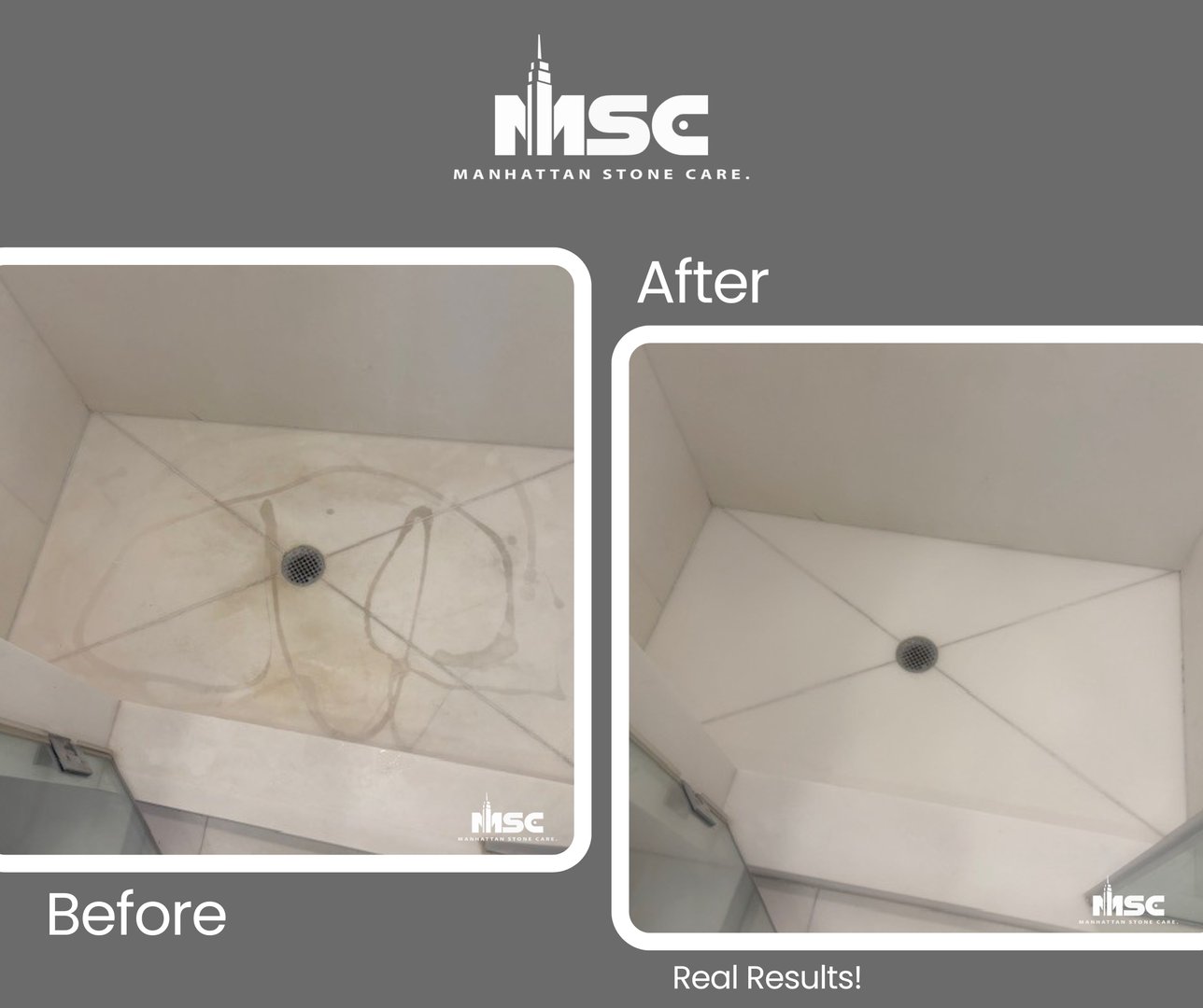 Manhattan Stone Care Marble Shower Stall Floor Restoration before and after in New York City