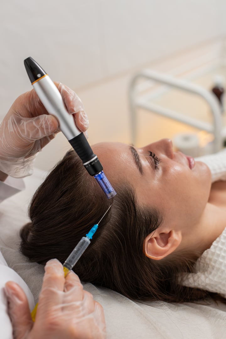 Alopecia. Woman hair loss improve growth treatment regeneration, dermapen microneedling, vitamin injections. Trichologist cosmetologist doctor head scalp procedure fractional microneedle mesotherapy