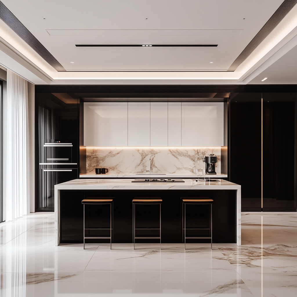 Modern kitchen with marble island, sleek cabinets, bar stools, and under-cabinet lighting.