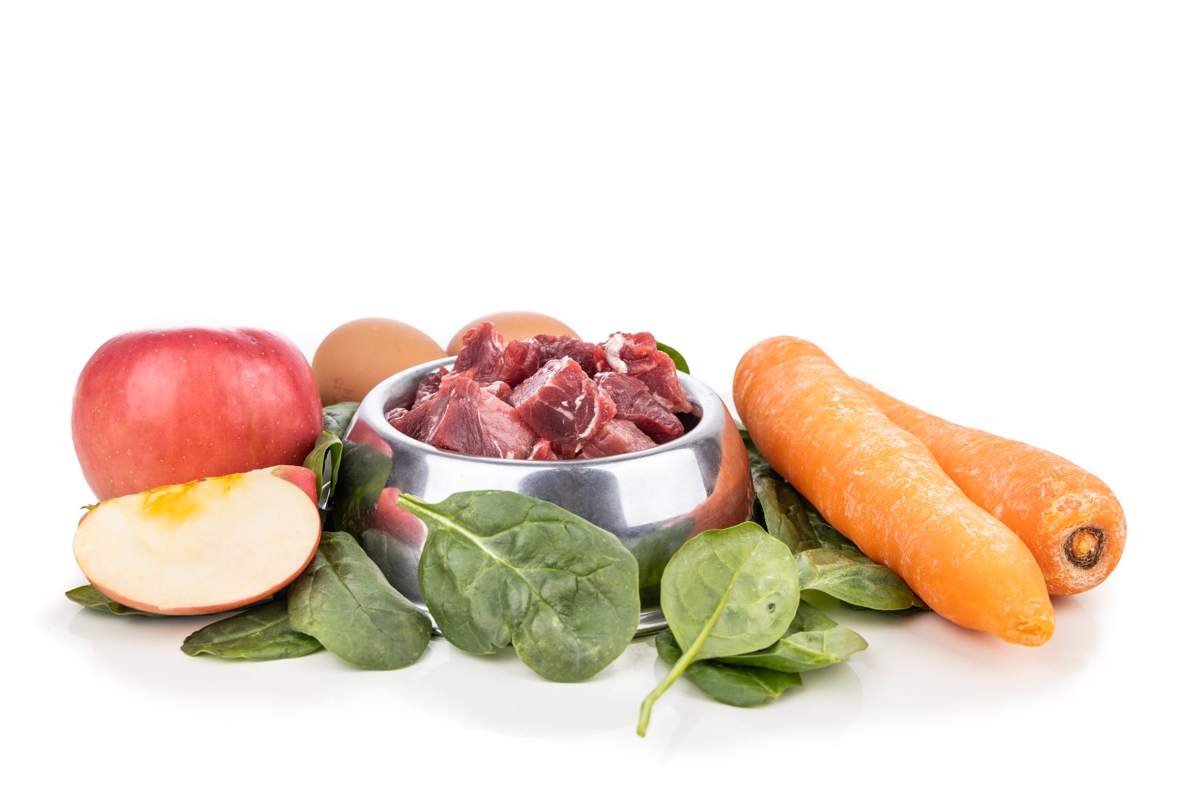 Ingredient of barf raw food recipe for dogs consisting meat, eggs and vergetable for good health