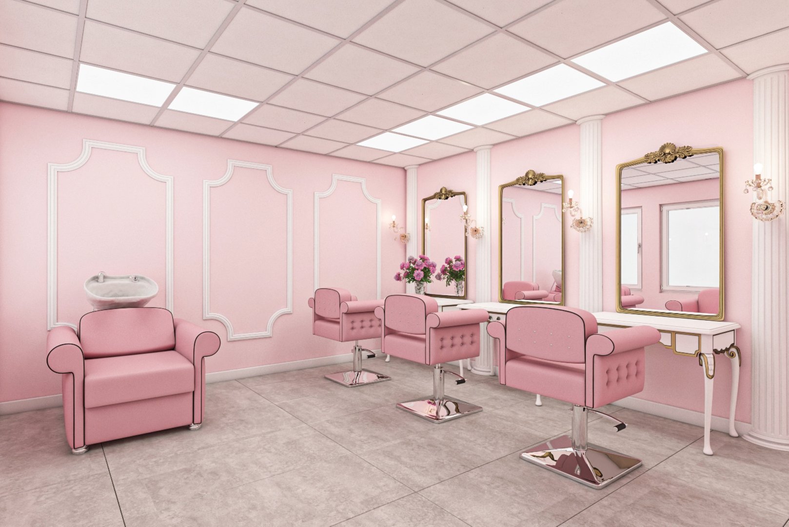 Modern hair salon with pink decor, styled chairs, large mirrors, and sophisticated lighting.