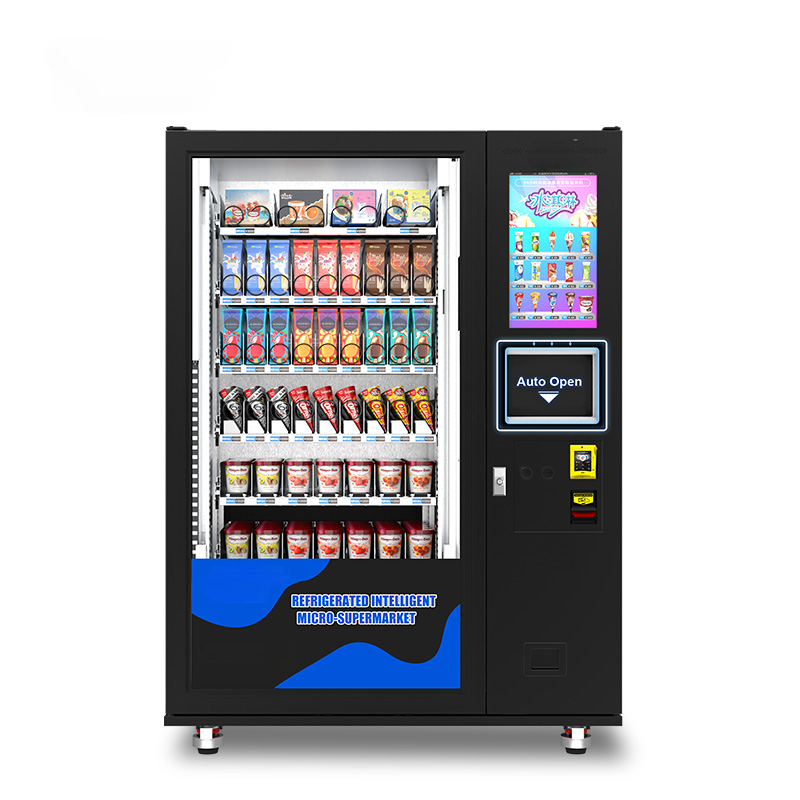Refrigerated vending machine with assorted drinks and snacks, featuring a digital screen, payment slot, and branding.