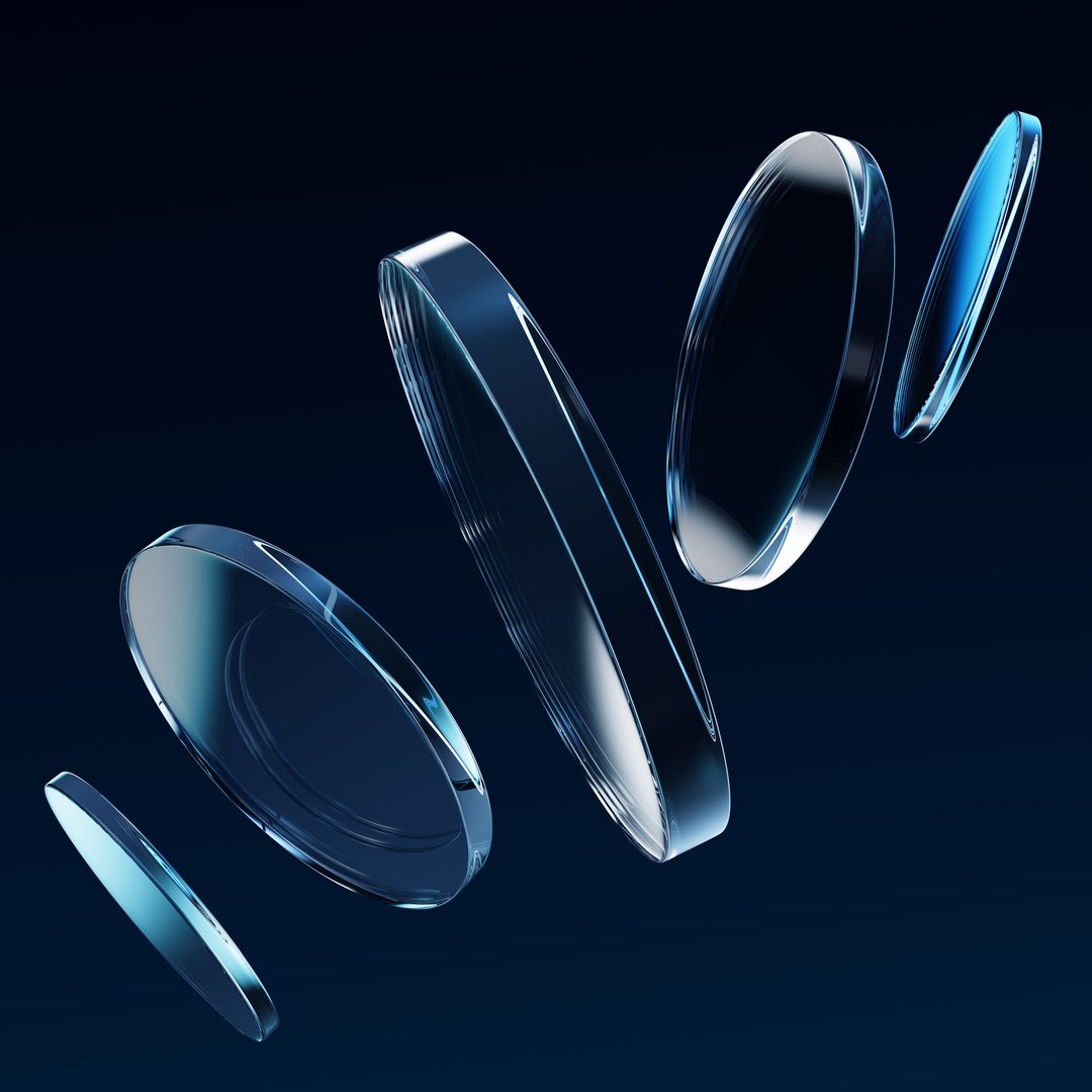3d glass transparent circle discs on dark blue background. Crystal glossy disks with prism flare reflection, lens light refraction. Abstract round plates flying on black bg render. 3D illustration