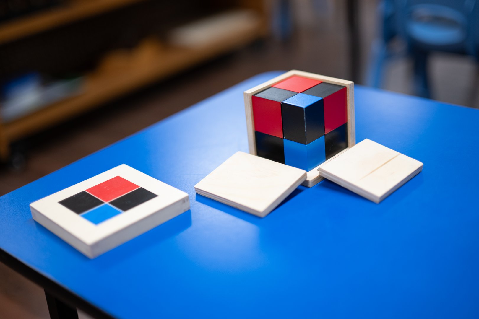 Maria Montessori classroom materials for hands-on learning for primary or preschool children.