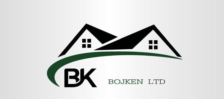 Logo featuring two stylized house roofs above the letters BK with the text Bojken Ltd below on a gradient background.