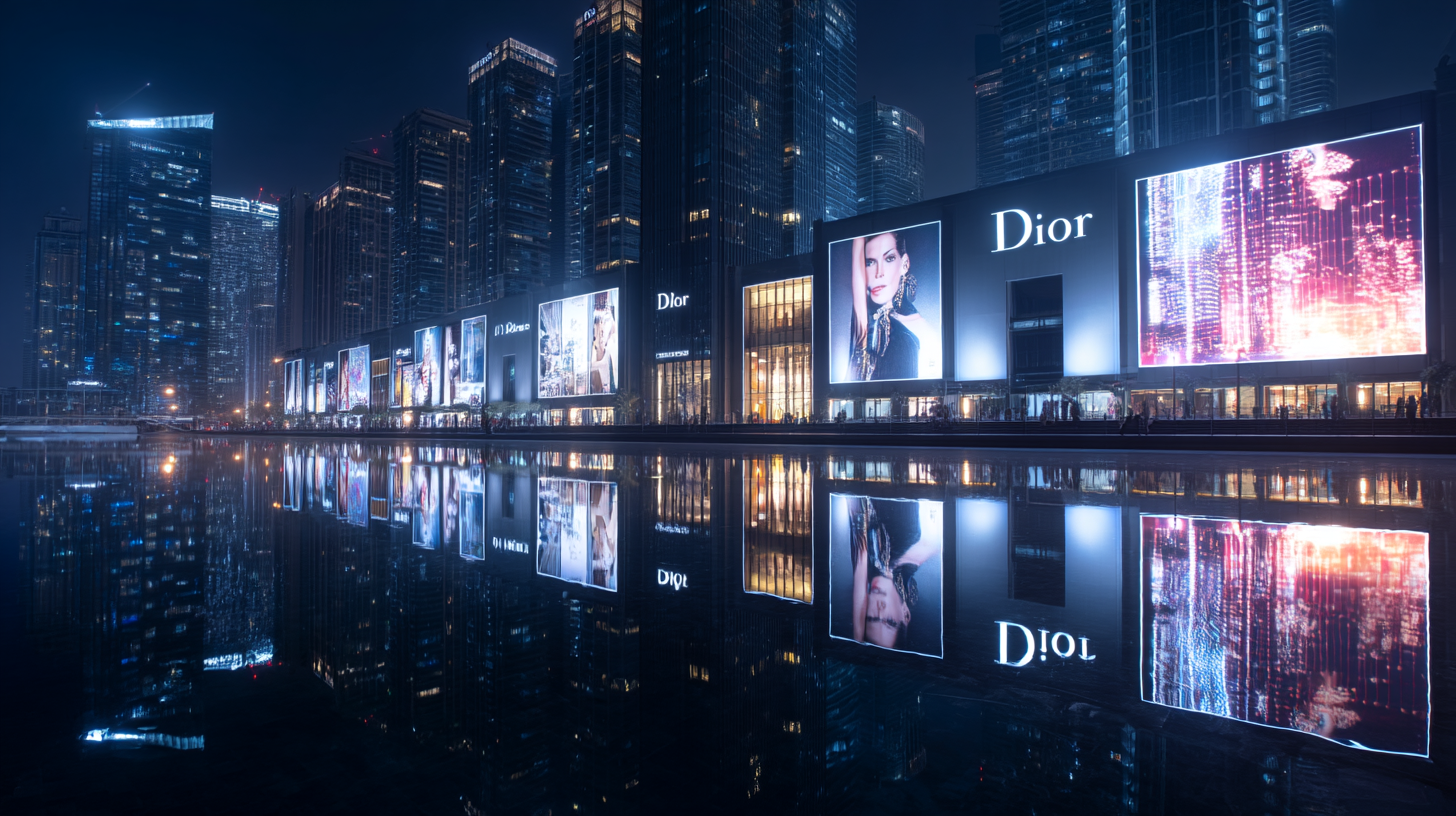 Nighttime cinematic view of a giant LED billboard