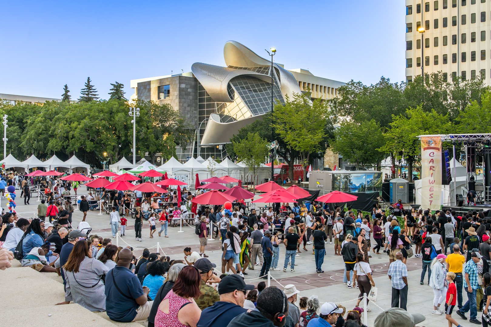 Edmonton, Canada, August 9, 2024: People celebrating Cariwest festival at Churchill Square