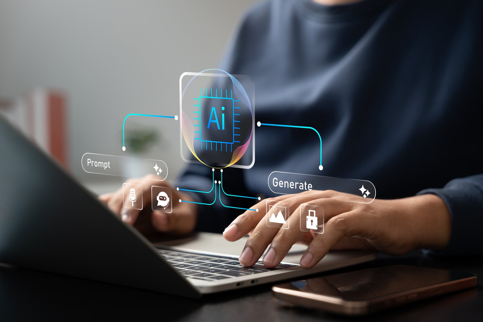 AI technology, Man using generative AI technology on laptop to create content from text prompts. Innovative artificial intelligence system generating images, text, and data through advanced algorithms