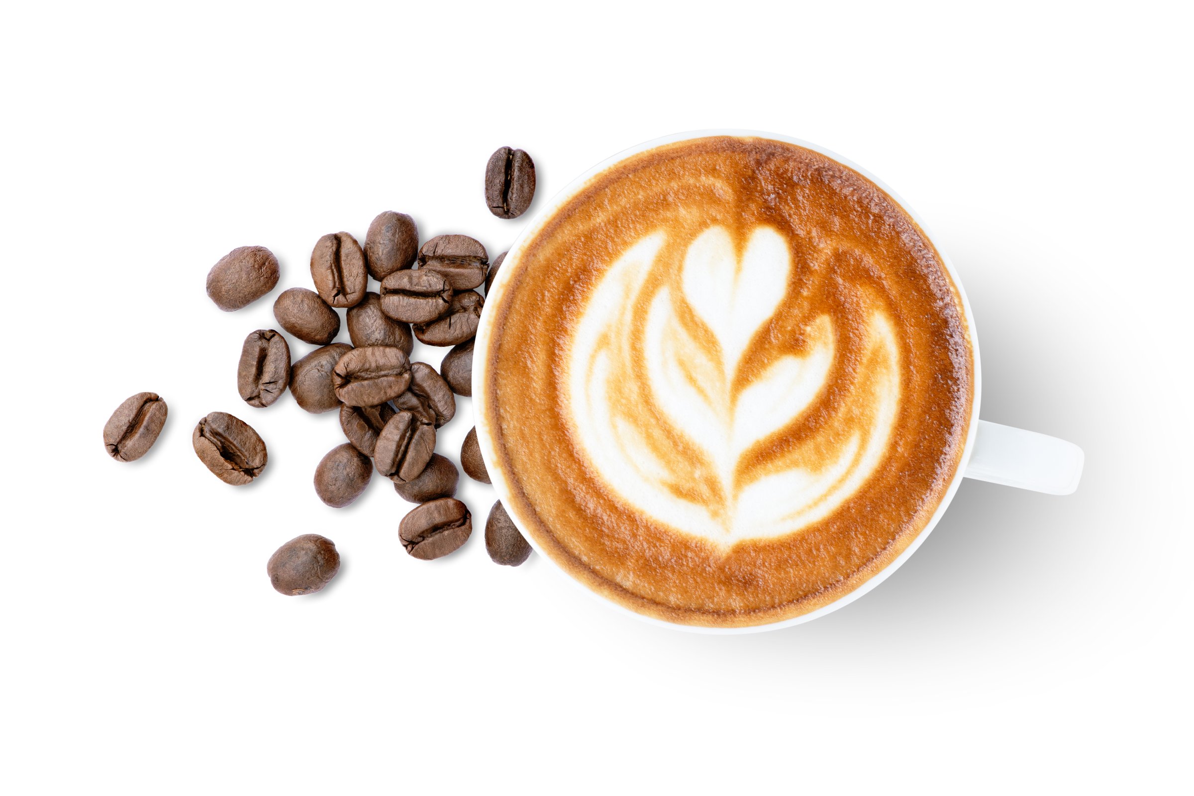 Cappuccino coffee in white mug with roasted coffee beans isolated on white background, top view, flat lay.