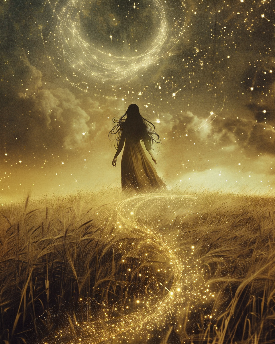 Mystical feminine figure walking through spiritual transformation