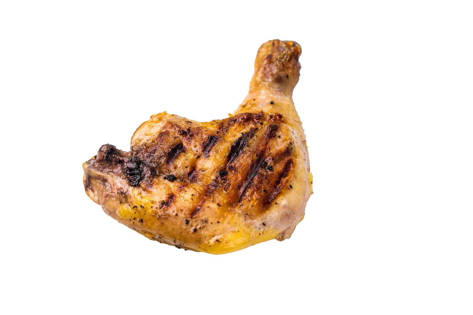 Roasted chicken leg, grilled eco poultry meat isolated on white background.