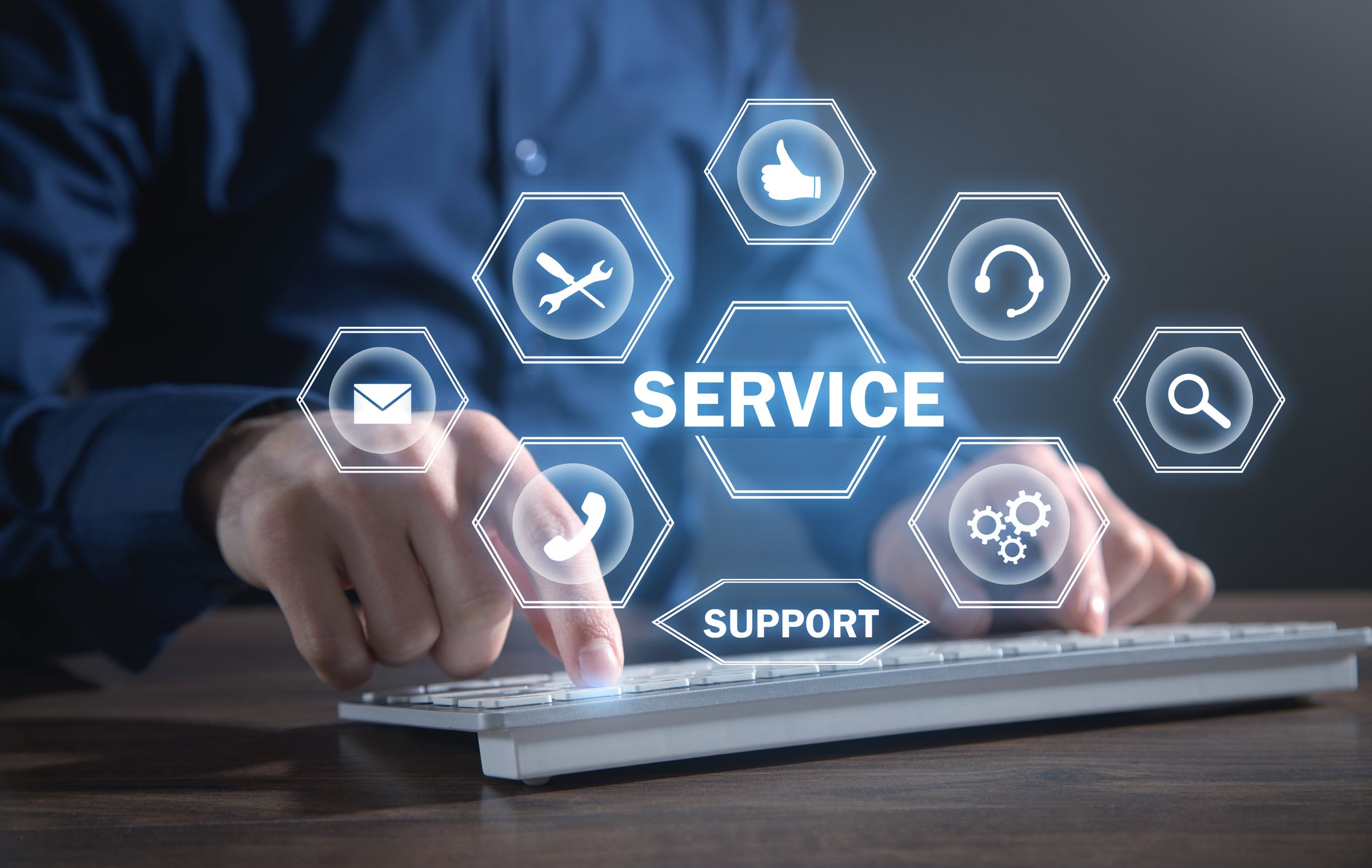 Male hands typing in computer keyboard. Service concept