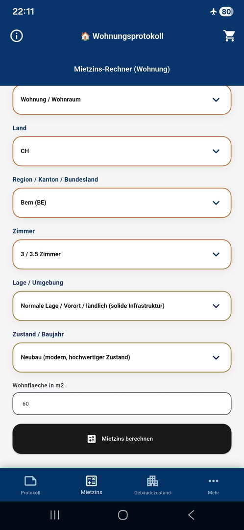 Wohnungsprotokoll App Screenshot - Mietzins berechnen