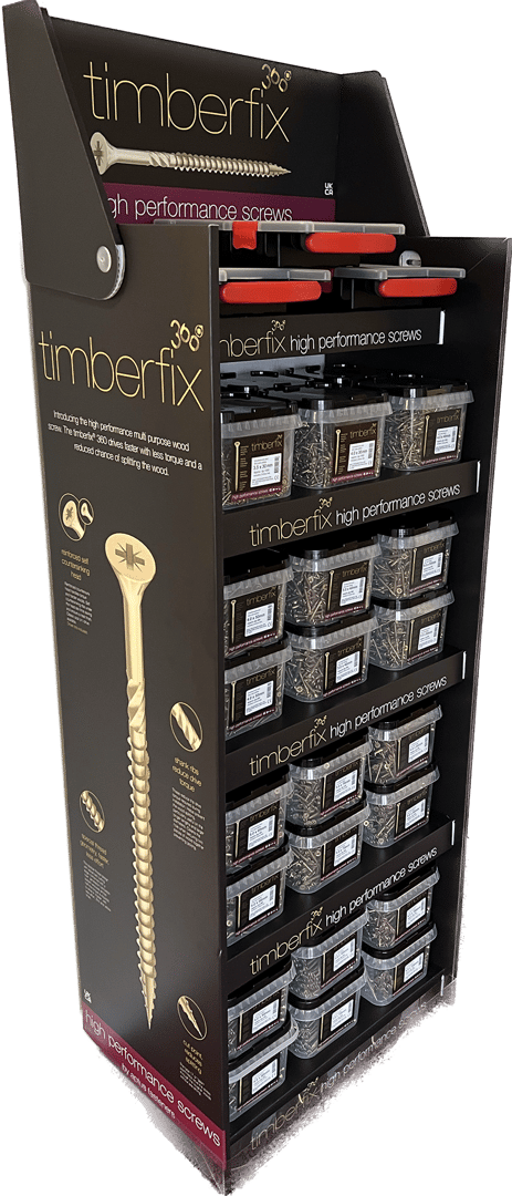 Display stand with Timberfix 360 high performance screws in plastic jars, featuring a large screw model on the side.