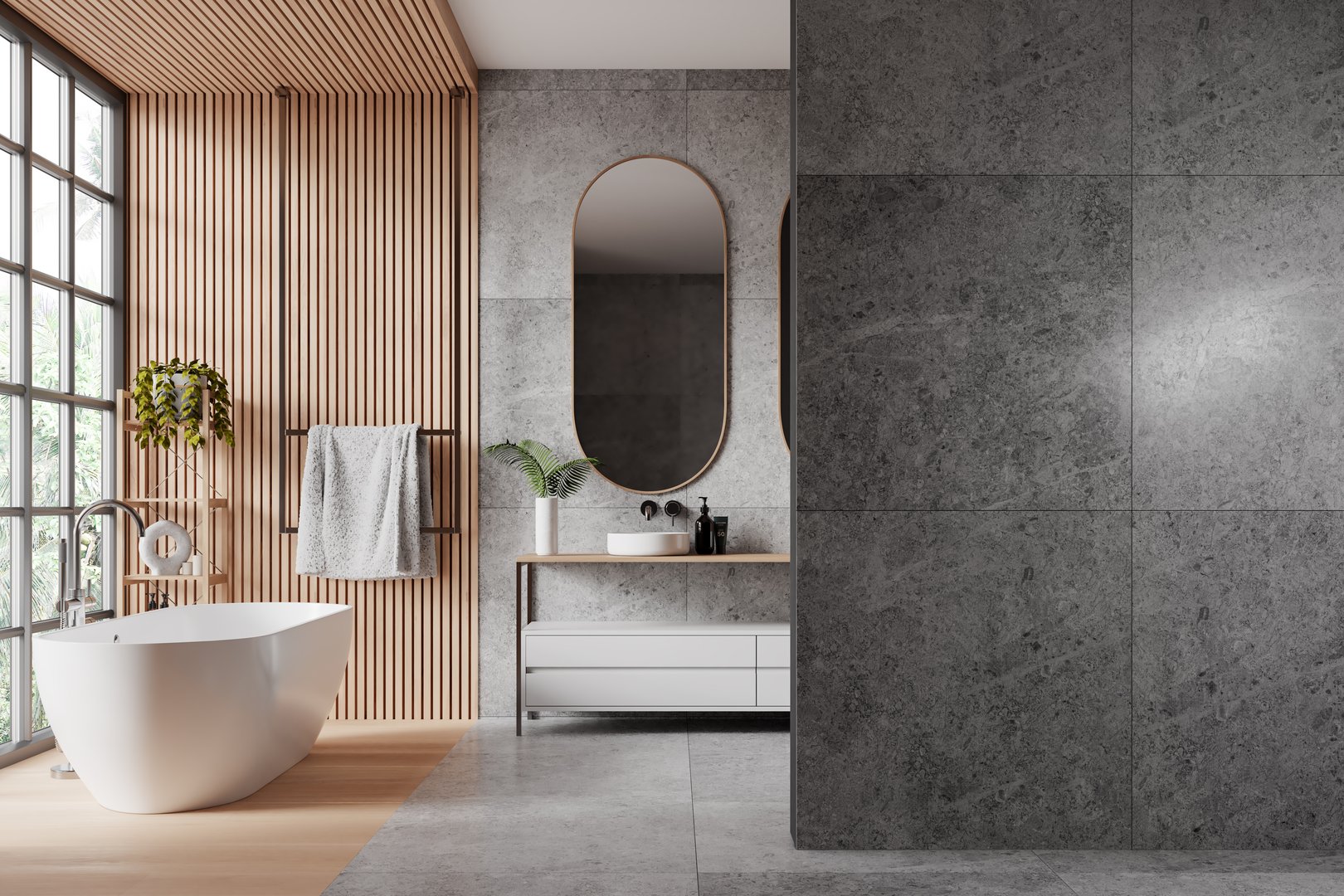Interior of luxury style bathroom in hotel suite with stone, wooden walls, concrete floor, cozy white bathtub standing near panoramic window, white sink and copy space wall on the right. 3d rendering