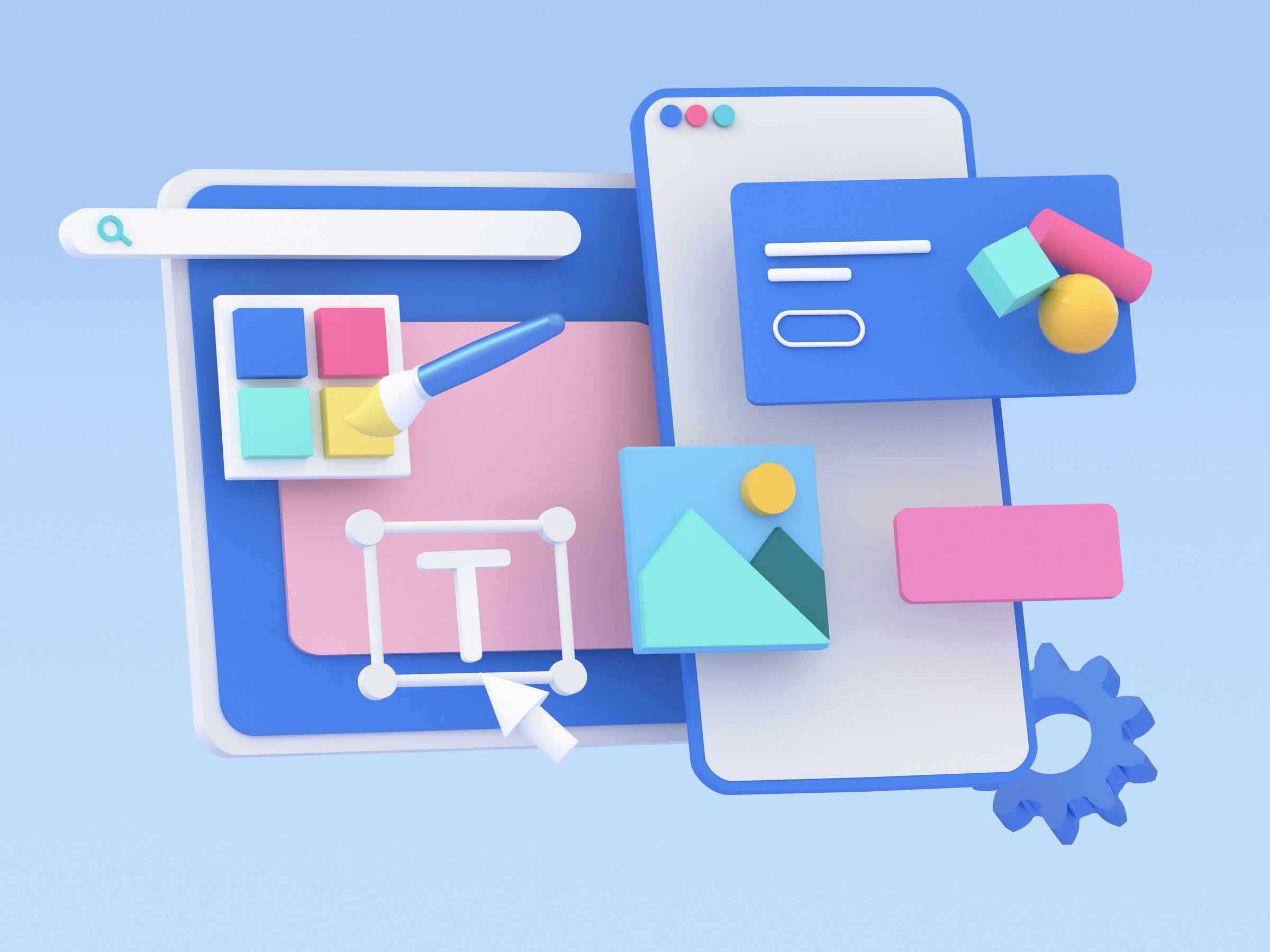3d web development and application design process, UI-UX and web design concept. Abstract icons floating around the screen. 3d rendering illustration