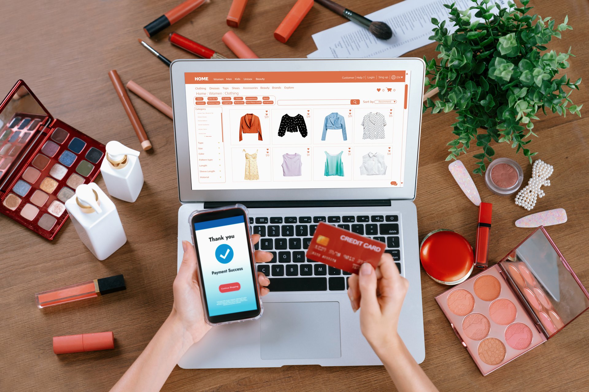 Woman shopping online on internet marketplace browsing for sale items for modern lifestyle and use credit card for online payment from wallet protected by utmost cyber security software