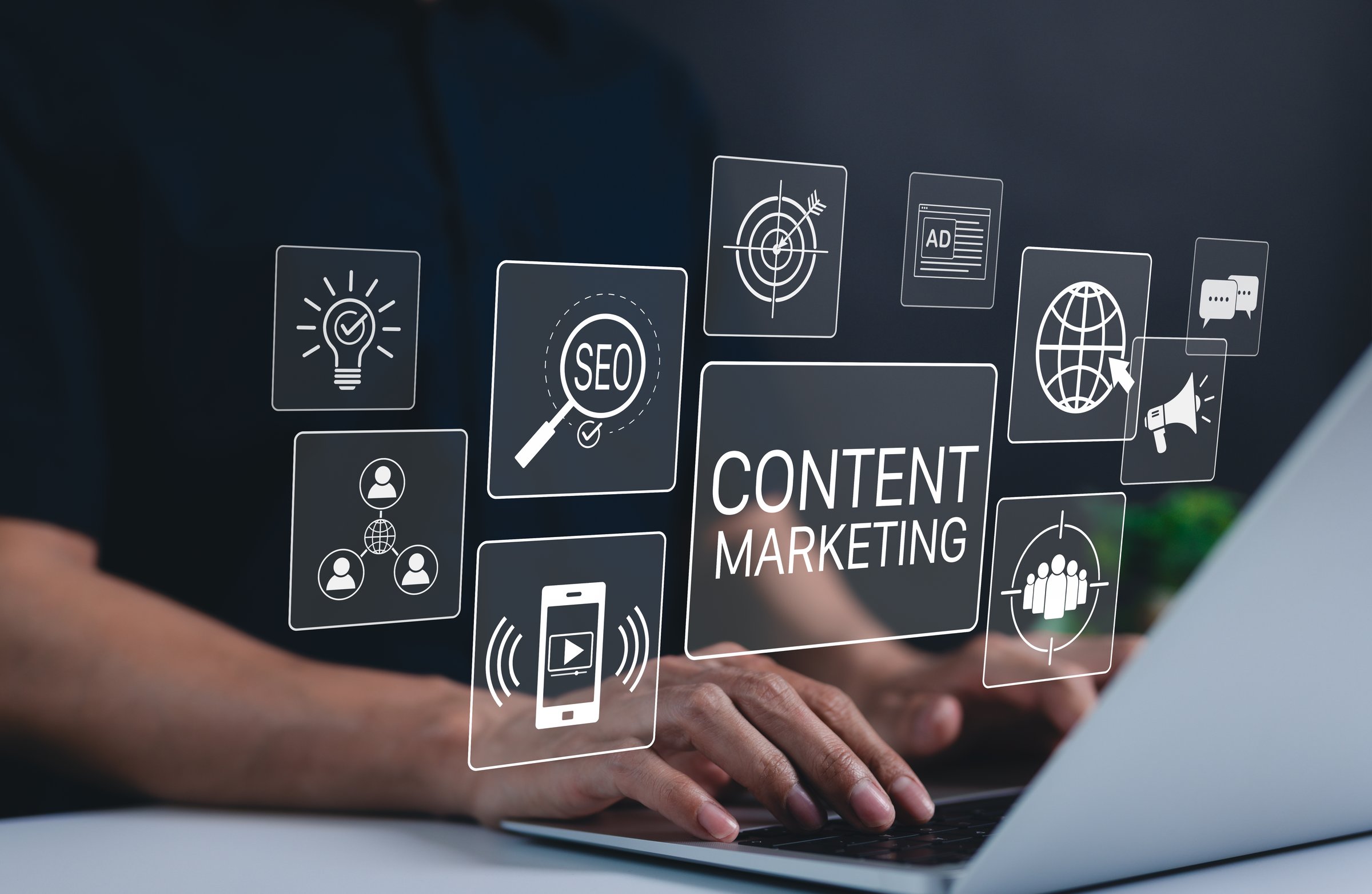 Content marketing and SEO digital strategy concept. Businessman working on a laptop with content marketing icons, SEO, and digital advertising. online advertisement, ad on website and social media.