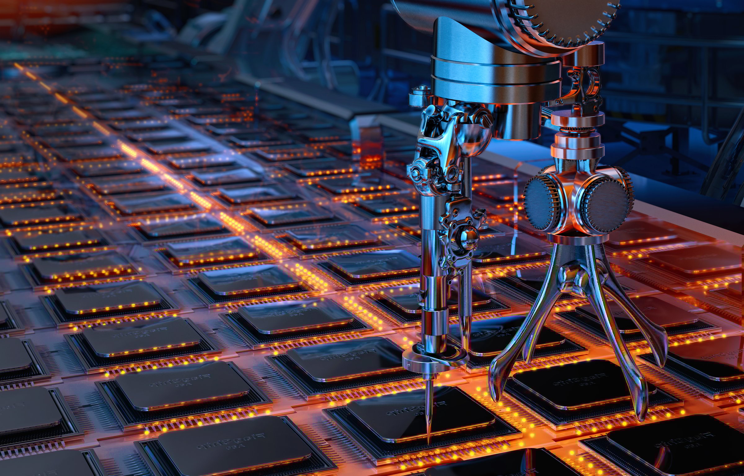 Industry 4.0 concept illustrating manufacturing process with AI robotics and microchip fabrication