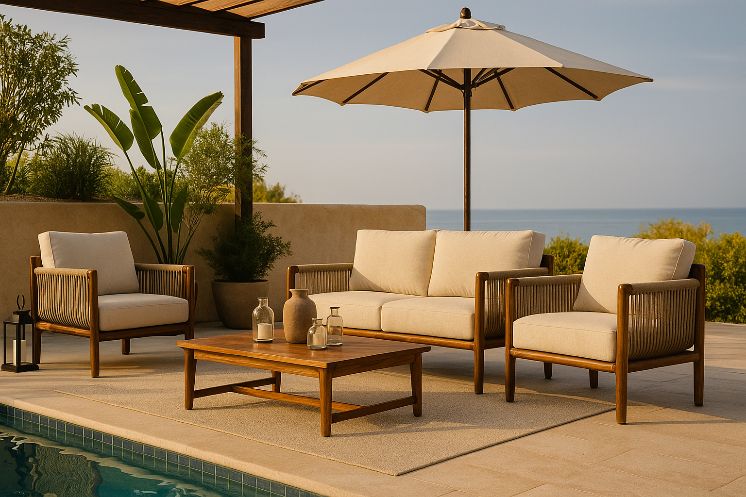 Conjunto para terraza en madera de parota con cuerda náutica y cojines outdoor