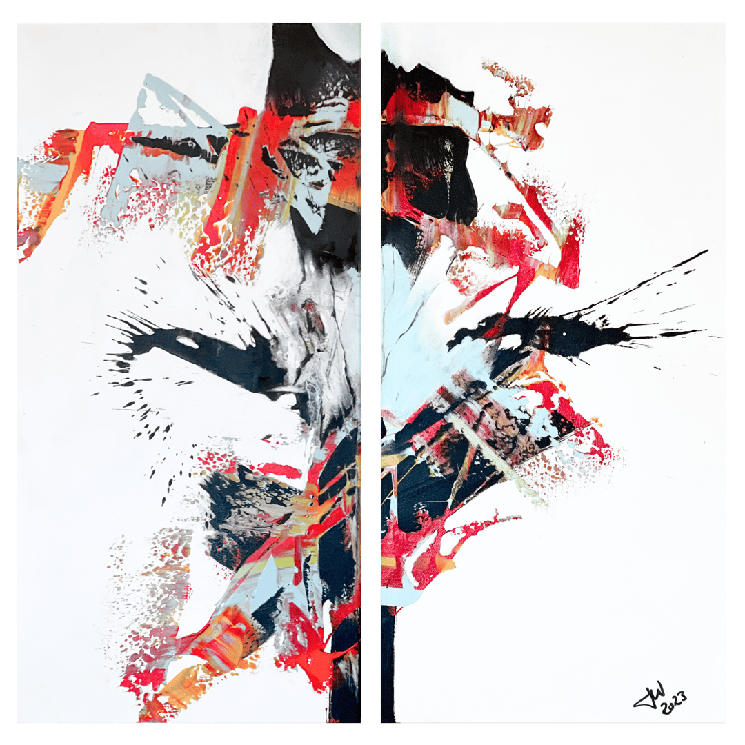 Abstract diptych painting with dynamic splashes of red, black, and white colors. Signed and dated 2022.