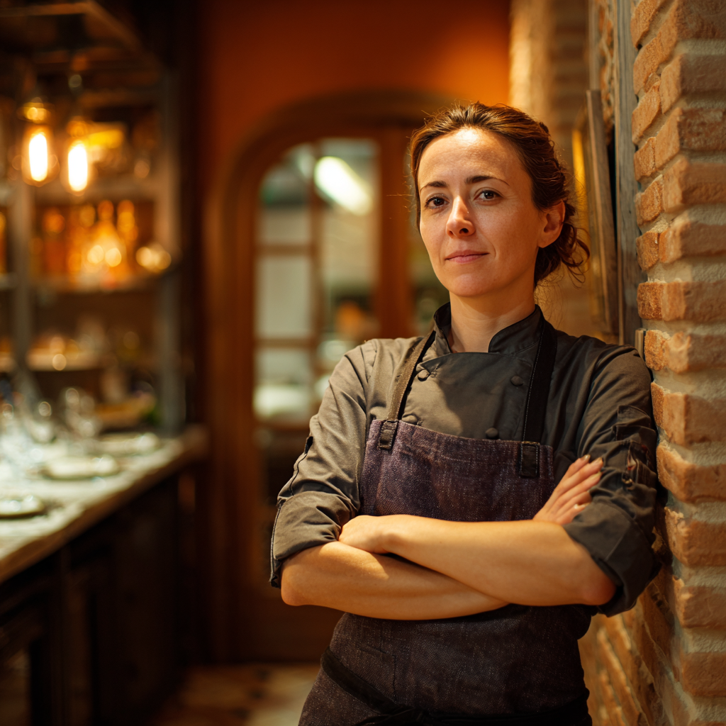 Chef in a dimly lit restaurant kitchen, wearing a dark apron, stands confidently with arms crossed and a slight smile.