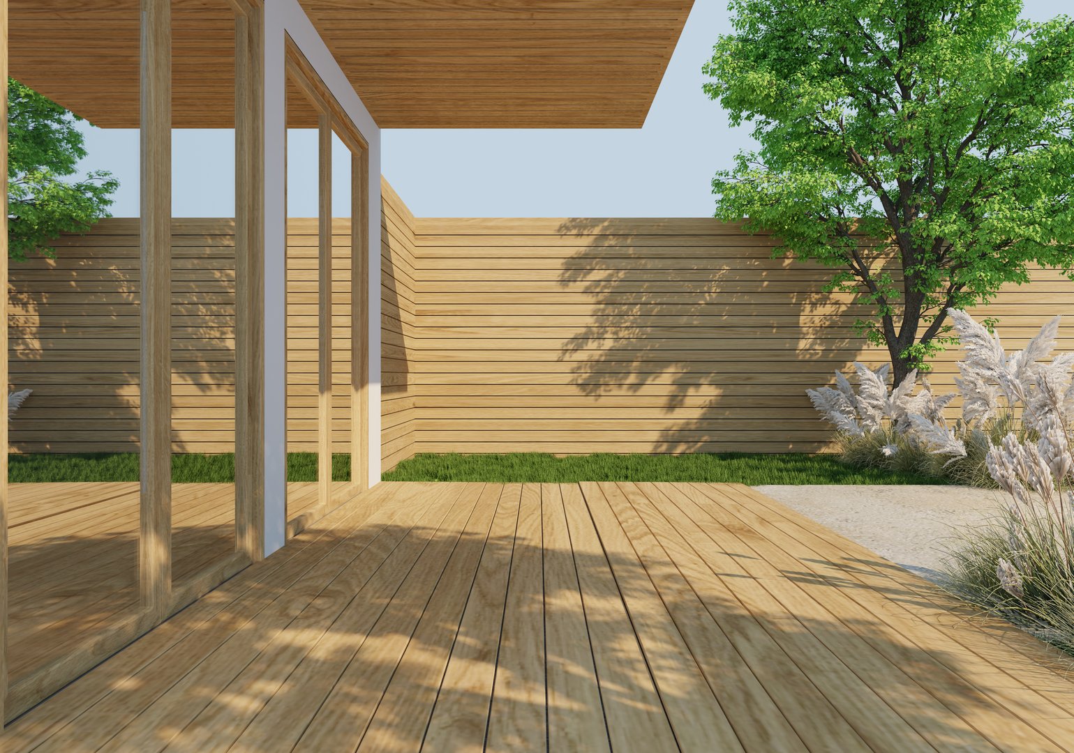 3D rendering of a modern outdoor empty wooden terrace with horizontal wooden fence, shaded by green trees, the surrounding area is decorated with trees, white grass flowers and natural sunlight in a minimalist garden.