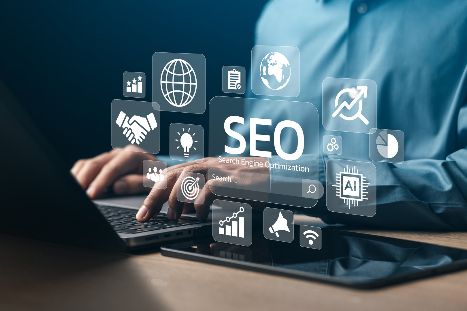 Businessman Analyze Optimize Web Banner Search Engine SEO For Business And Marketing Website Traffic Ranking Optimization Links And Keywords