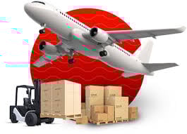 Airplane flying over forklift and stacked shipping crates, with a red circular background.