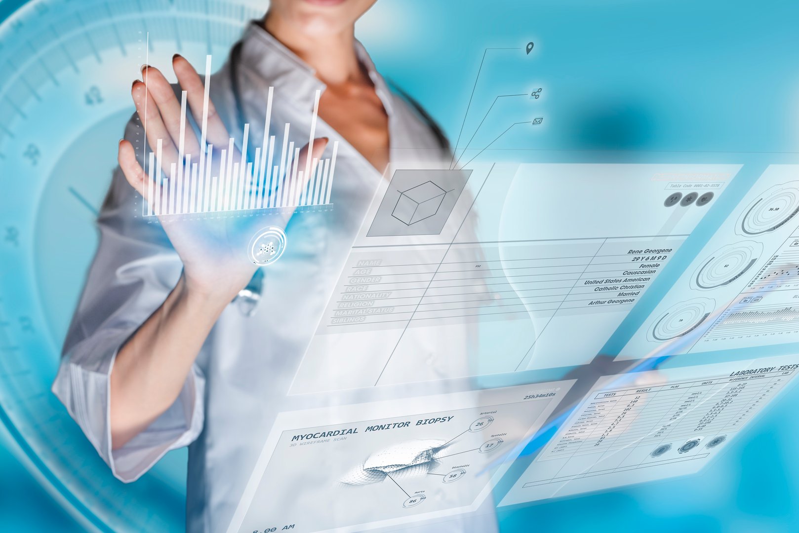 Medical concept of futuristic health care technology and augmented reality. A female doctor hand is touching a virtual innovative control panel to monitor a patient's electronic health records